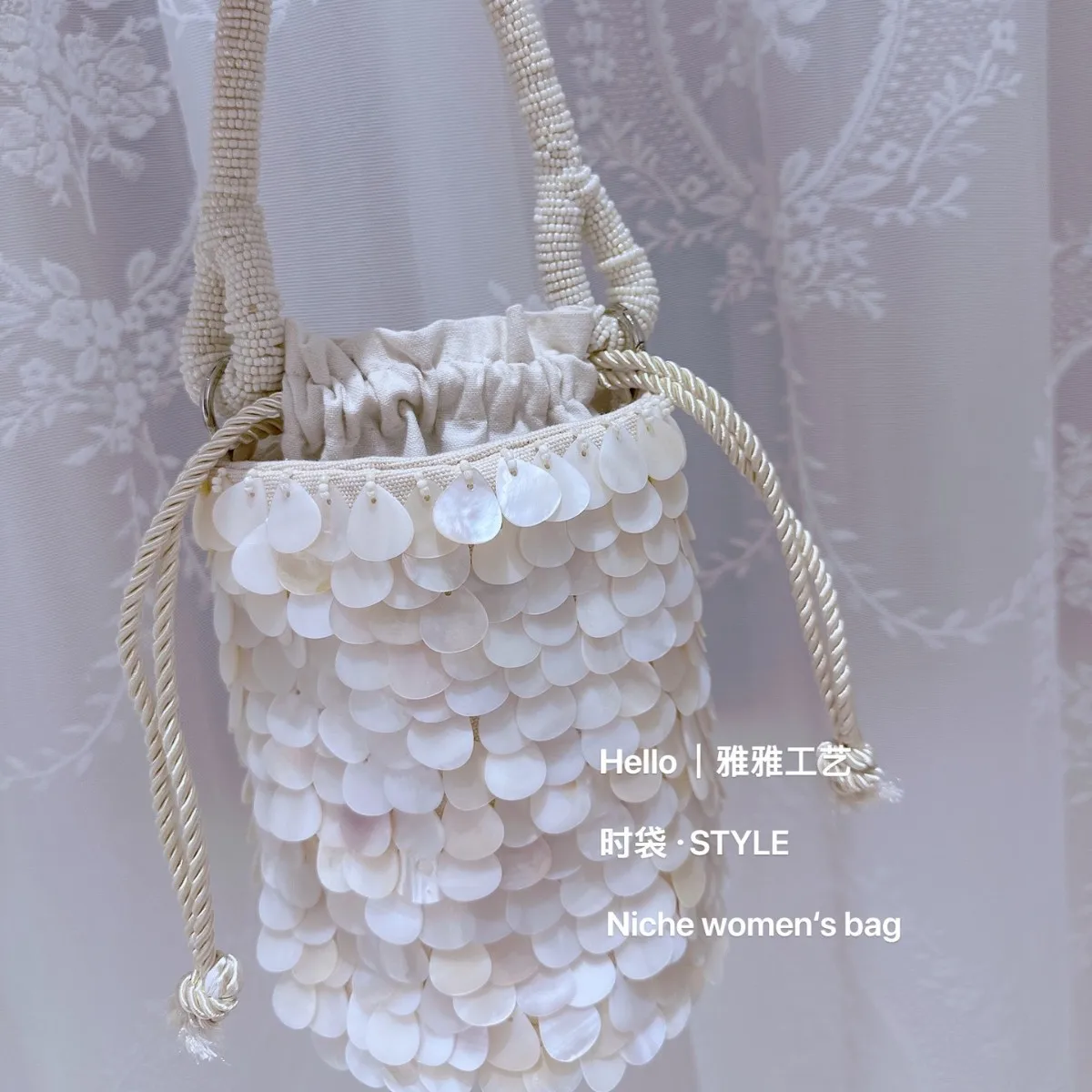 Designer Women's Bag Pearlescent Inlay Bucket Crossbody Bag Shell Beaded Handbag Sequin Wooden Handle Tote Exquisite Purse
