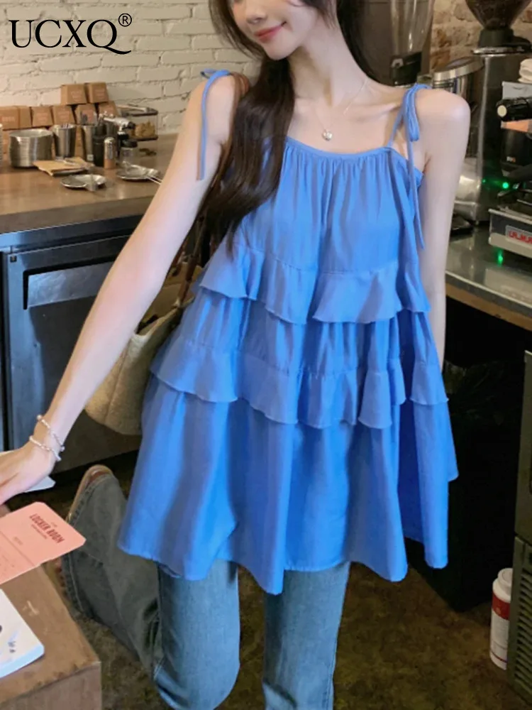 

UCXQ Blue Small Fresh Sweet Style Ruffled Lace Up Vest Korean Chic Casual All Match Solid Color Top Women 2024 Spring Summer 525