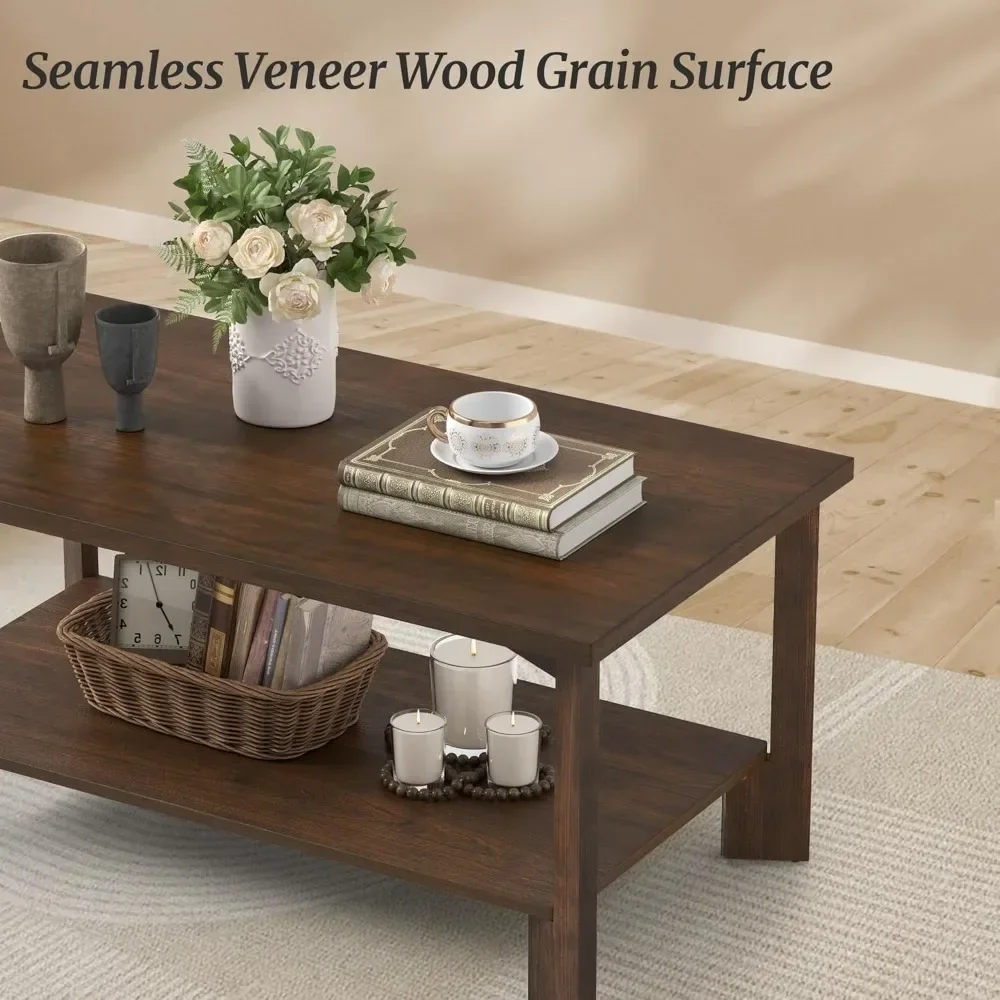 Walnut Coffee Table,Mid Century Modern 39" Rectangle Dark Walnut Coffee Table with Storage Shelves Wooden Accent Center Tea Tabl