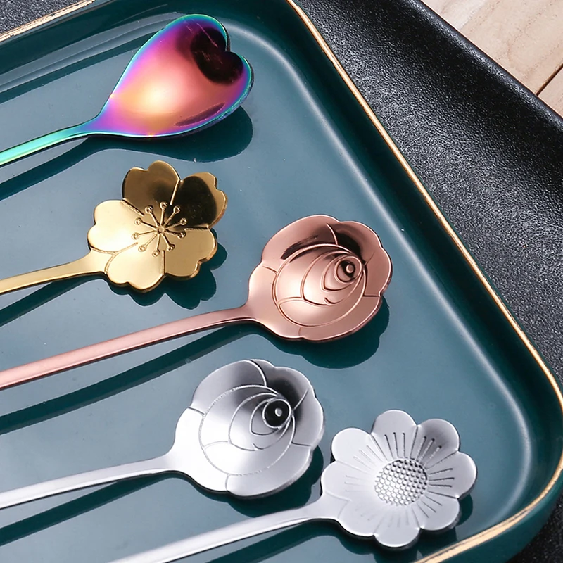4Pcs/Set Mixing Spoons Small Flower Teaspoon Stainless Steel Coffee Spoon Cute Ice Cream Dessert Spoon Kitchen Accessories