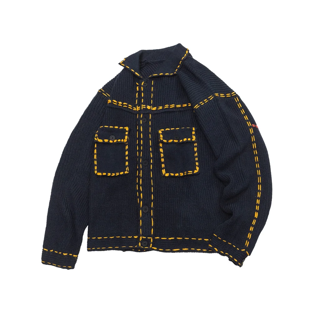 Men Manual Threading Knitted Jacket Korean Streetwear Fashion Loose Casual Vintage Sweater Jackets Cardigan Coat Outerwear 2