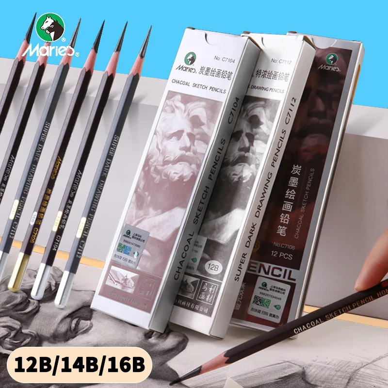 

Marie's Charcoal Sketch Pencils Super Dark Drawing Pencil 12B 14B 16B Matte Sketch Pencil 12 Pcs/box C7106 Exam Pencil