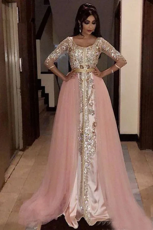 

Pink Moroccan Kaftan Muslim Evening Dresses A-line 3/4 Sleeves Tulle Appliques Dubai Arabic Turkey Caftan Abaya Islamic Gown