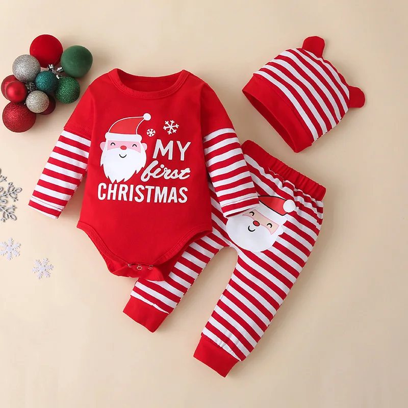 

3Pcs Baby Romper Set Christmas Boy Girl Bodysuit Pants Cotton Elk Jumpsuit Xmas Red Cartoon Clothes for Toddler 3-24 Months