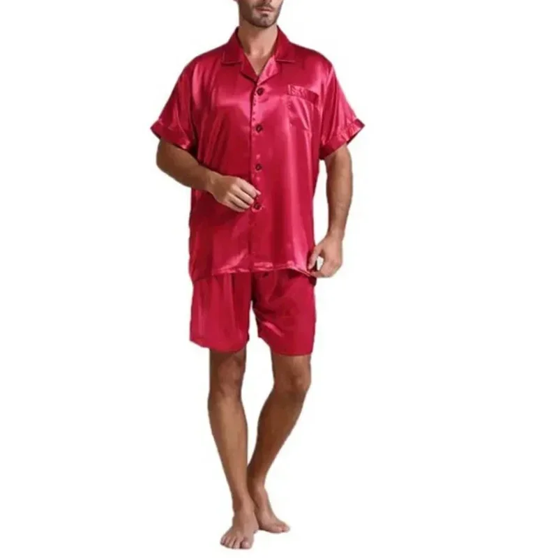 Men‘s Pajamas Summer Lced Silk Solid Color Homewear Set Short Sleeve Shirt Shorts Pajamas 2-piece Set Black White Red S-3XL