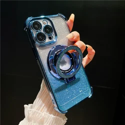 Luxury Magsafe Magnetic Flash Plating Phone Case with Stand and Lens Protection - iPhone 15 (Blue Magnetic Case)