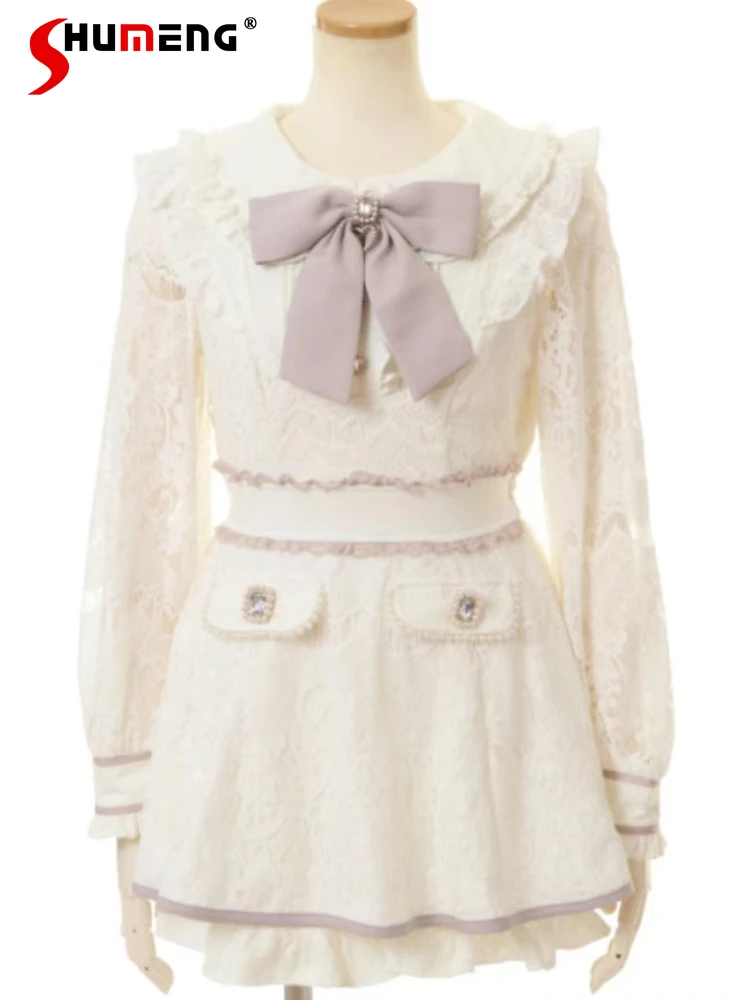 Japanese Lolita Dress Outfit Fall 2023 Sweet Mass-Produced Beaded Lace Short Dress + Ruffles Shorts Ladies Two Piece Set Outfits