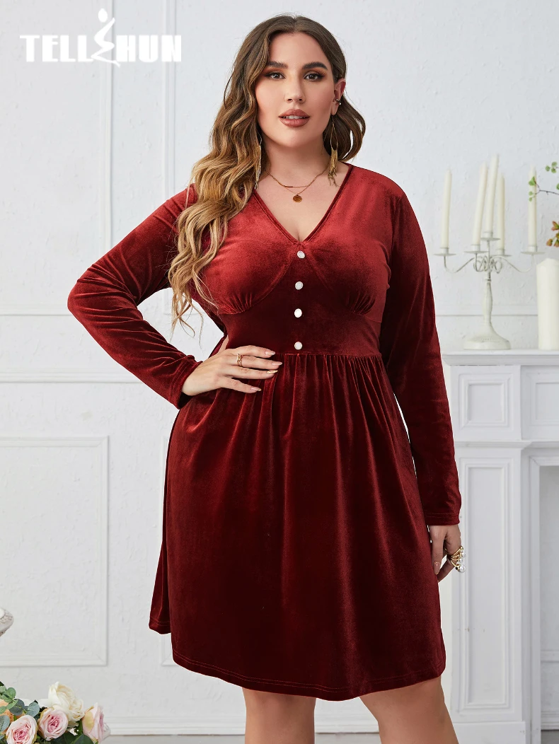

Pleated Long Sleeve V-Neck Ruffles Hem Midi Dress Women Autumn Solid Red Elegant Party Dress Casual Streetwear Vestido Plus Size