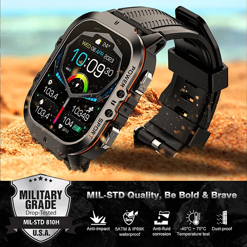 Smart Watch For Men 1.96 "Amoled Military Smart Watches Bluetooth Call 10M Waterproof Outdoor Tactical Fitness Per Android Ios