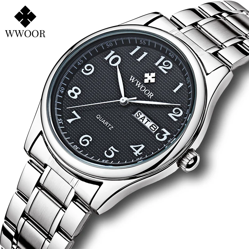

WWOOR Original Design Arabic Mens Watches Top Brand Luxury Stainless Steel Waterproof Automatic Week and Date Quartz Wrist Watch