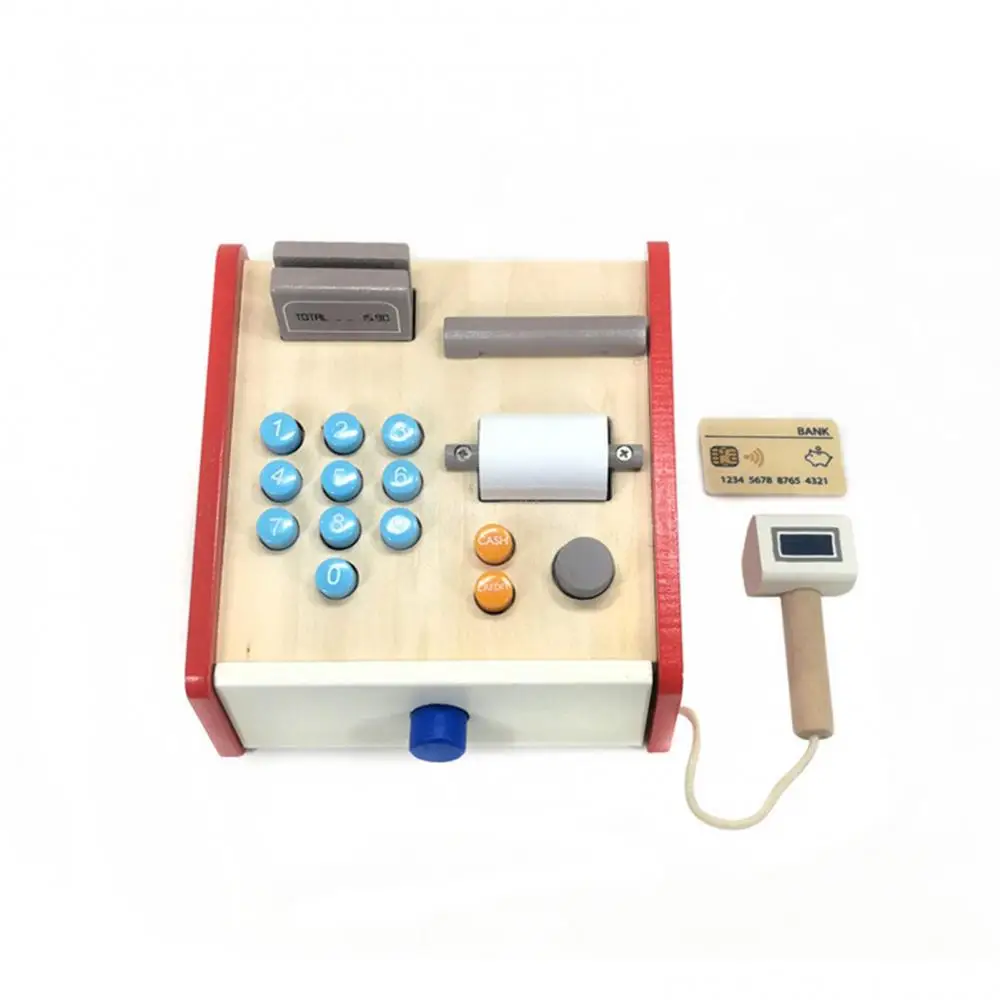 Simulation Market Shopping Cash Register Credit Card Machine Wooden Simulation ATMs Model Children Play House Toys Gift Set 6