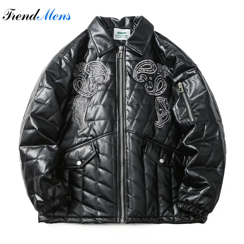 

American Embroidery Thickened Warm Parka Men's Lapel Zipper Plaid PU Leather Jacket Couple Street Fashion Original Coat Jaqueta