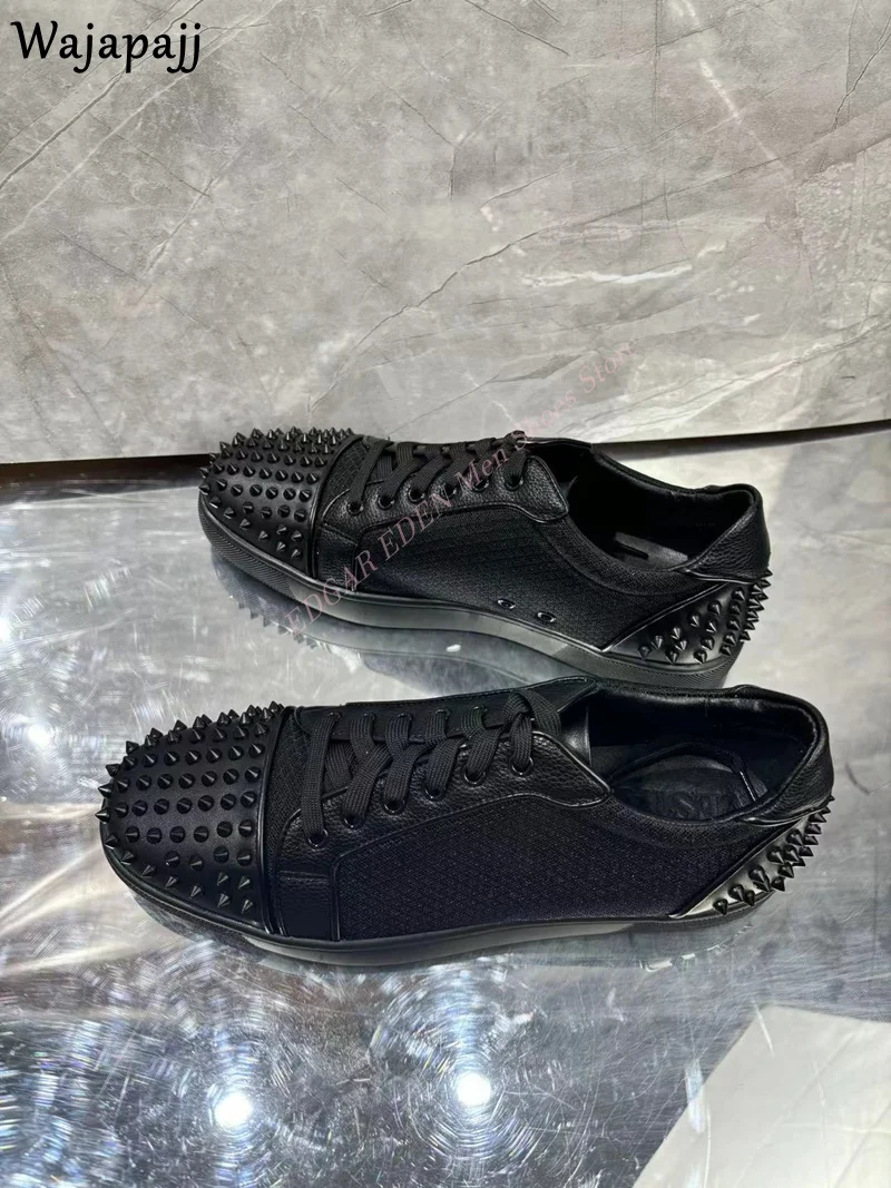 Stylish Rivet Round Toe Men's Lace Up Shoes Spring Autumn Comfortable Flat Heel Breathable Male Black Casual Single Shoes 5