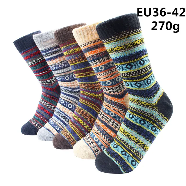 5 Pairs Winter Warmer Women Thicken Thermal Wool Cashmere Snow Socks Fashion Casual Euramerican National Wool Socks for Women 5 Pairs -YM022