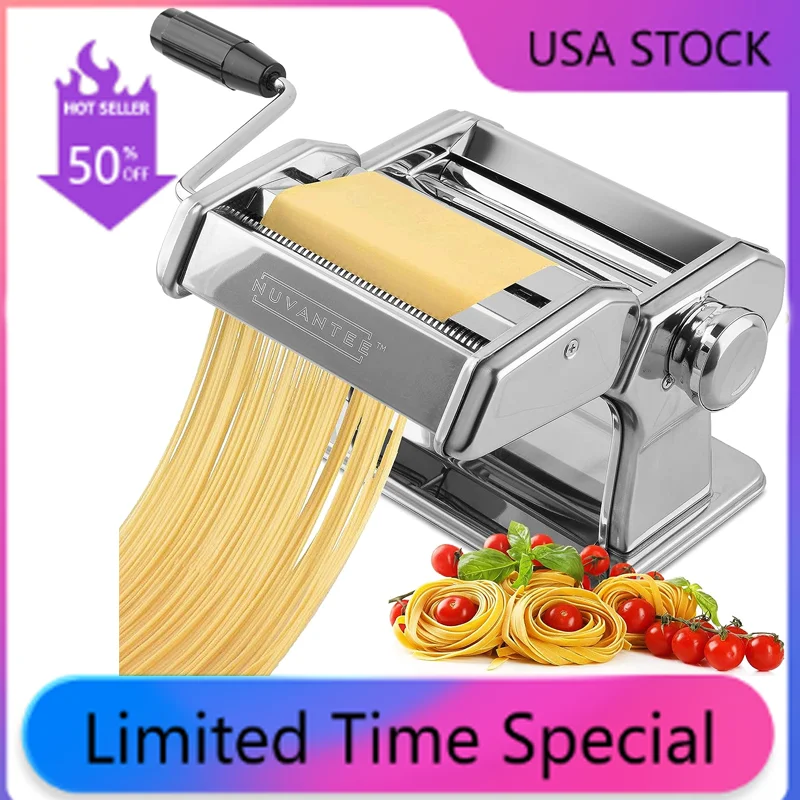 Nuvantee Pasta Maker Machine,Manual Hand Press,Adjustable Thickness  Settings,Noodles Maker with Washable Aluminum Alloy Rollers and Cutter,  Perfect