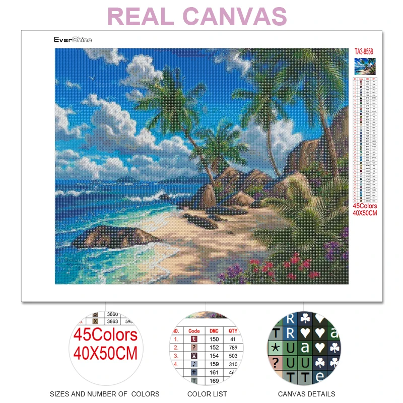 EverShine 5D Diamond Painting Kits Seaside Diamond Embroidery Landscape Mosaic Picture Coconut Tree Art Home Decoration
