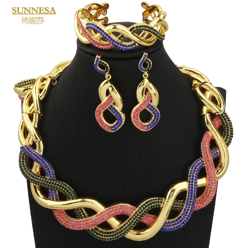 

SUNNESA Luxury Colorful Crystal Jewelry Set for Women Trendy Twist Grain African Big Necklace 18k Gold Plated Dubai Drop Earring