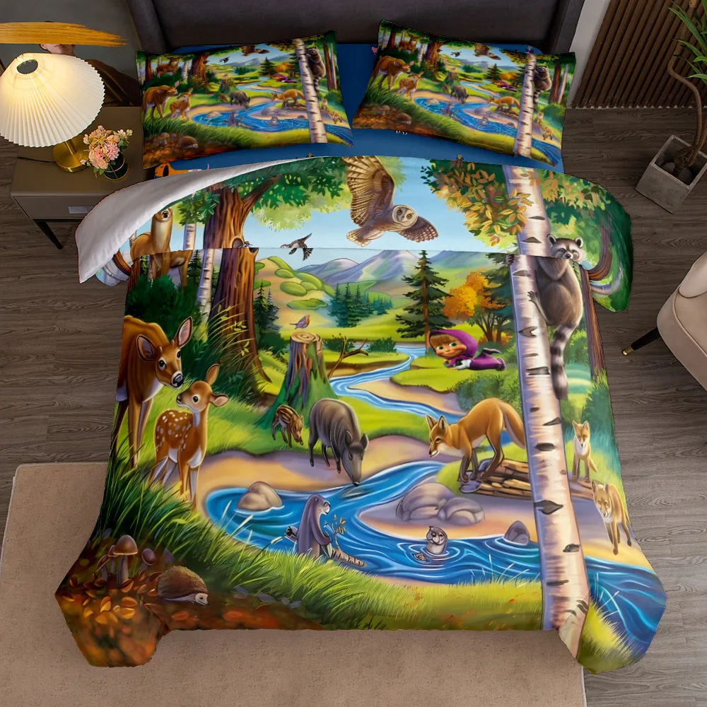 Masha Cartoon Duvet Cover Set without sheet King Queen Double Full Twin Single Size Bed Linen Set 2