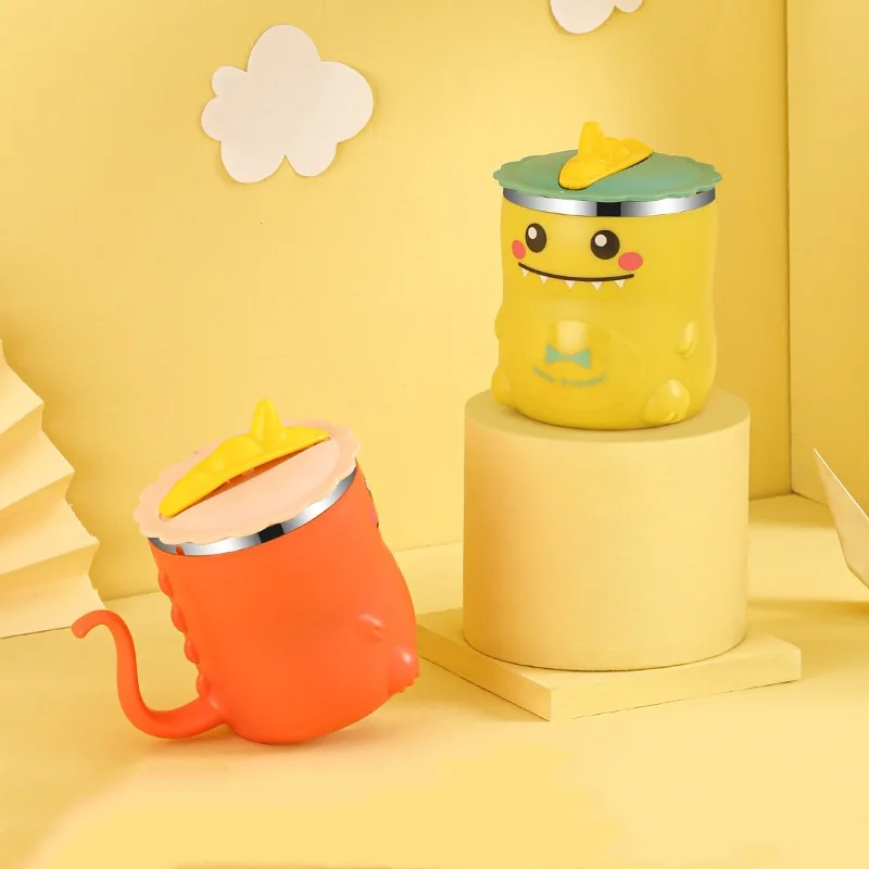 

320ml Dinosaur Baby Feeding Cup Stainless Steel Thermos Straw Cup Children's Milk Cup Anti-Hot Leakproof Toddler Water Bottle