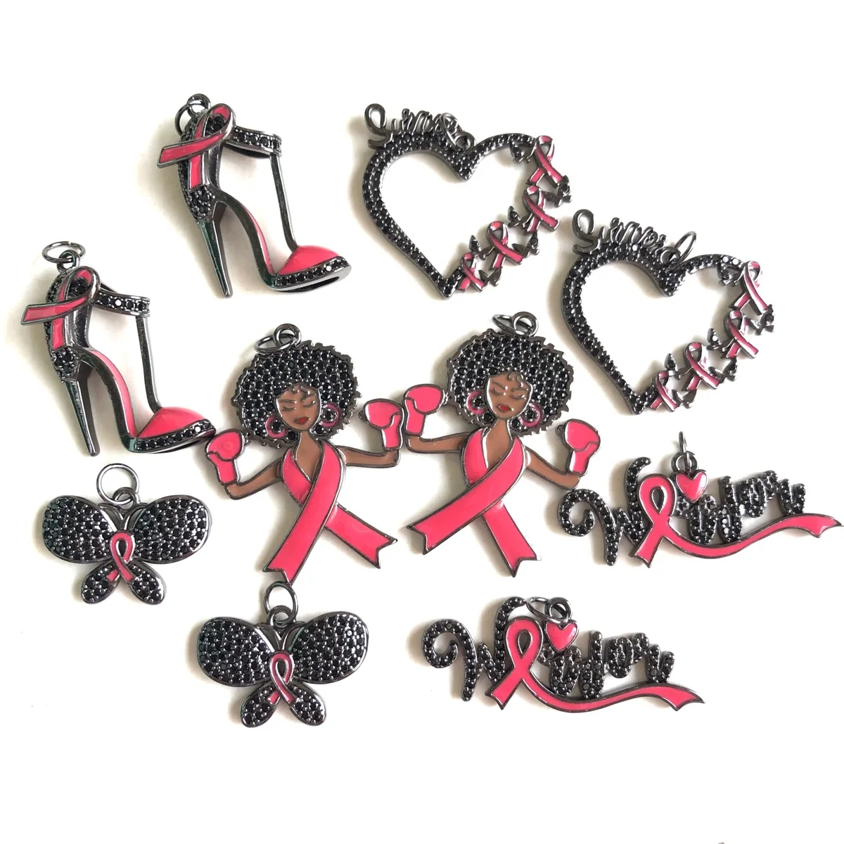 10pcs Pink Ribbon Butterfly Heart High Heel Warrior Black Girl Charm Pendants Bundle for Breast Cancer Awareness Jewelry Making