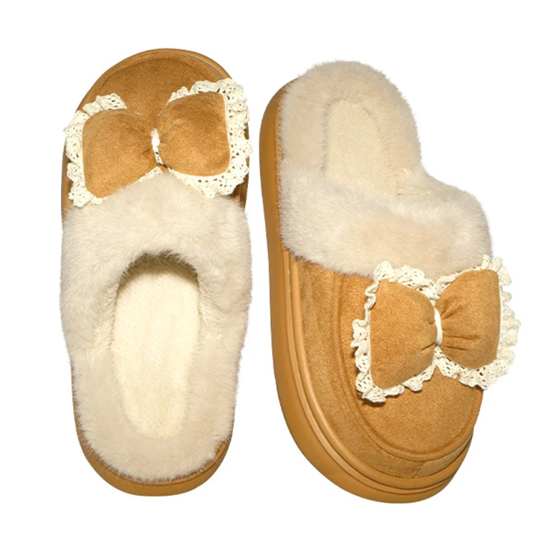 Fashion Bowknot Fluffy Slippers Women Indoor Thick Platform Soft Warm Cotton Slides Woman Autumn Winter Anti Slip Plush Slippers