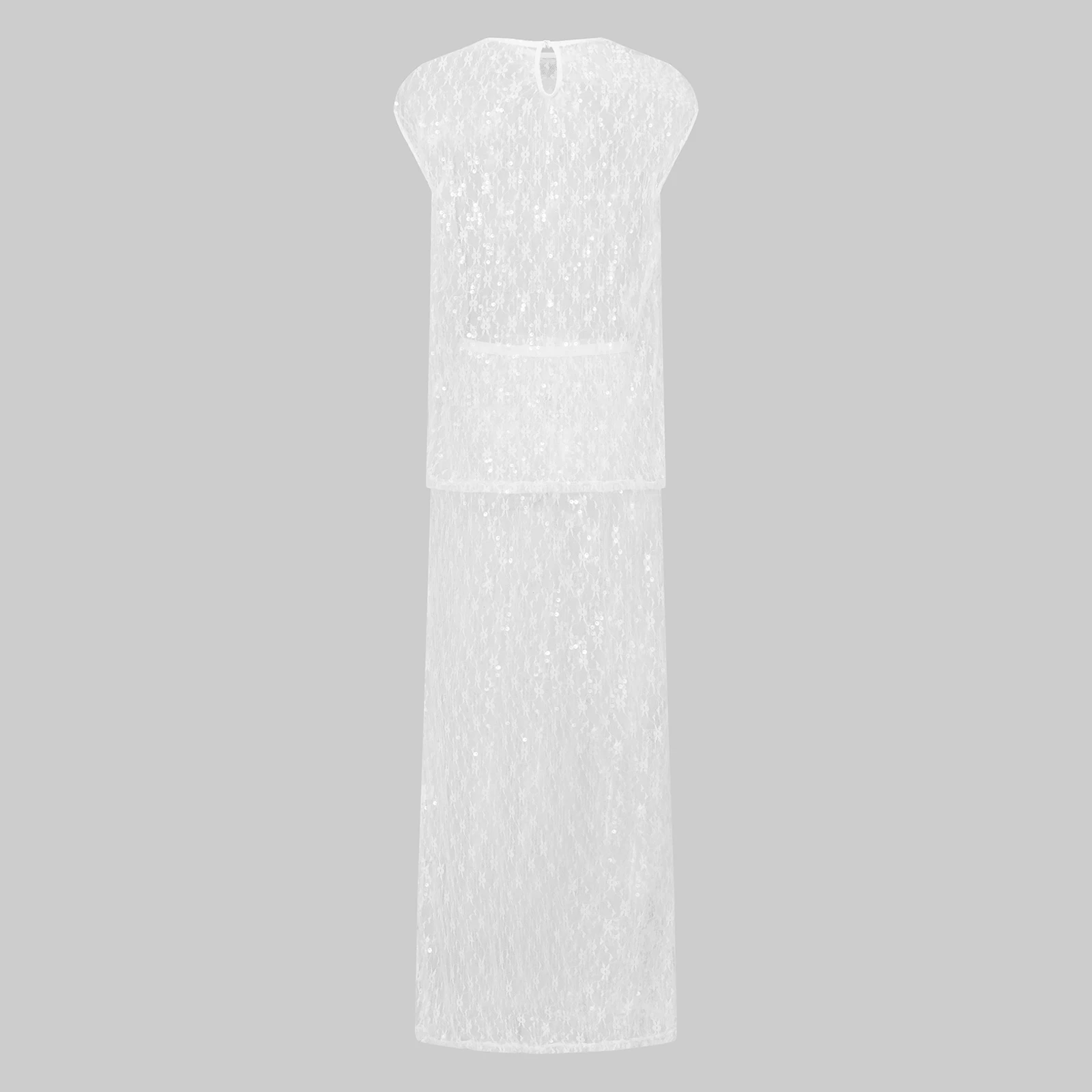 Women's Sequins Sheer 2 Piece Skirt Outfits Chic Beach Cover-ups Suits See Through Cap Sleeve Tops Long Skirt Sets 5
