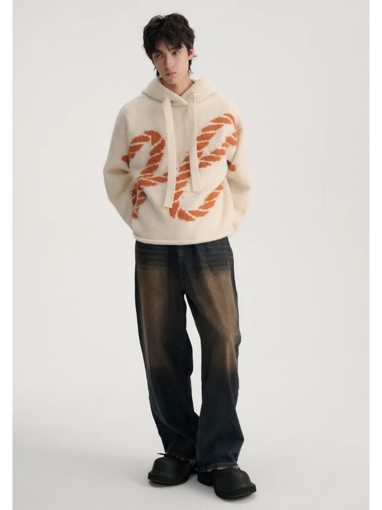 Pullover Hooded Knitted Coat Men's and Women's Same Geometric Pattern Jacquard Fashion Spring Contrast Color Sweater Idle Style