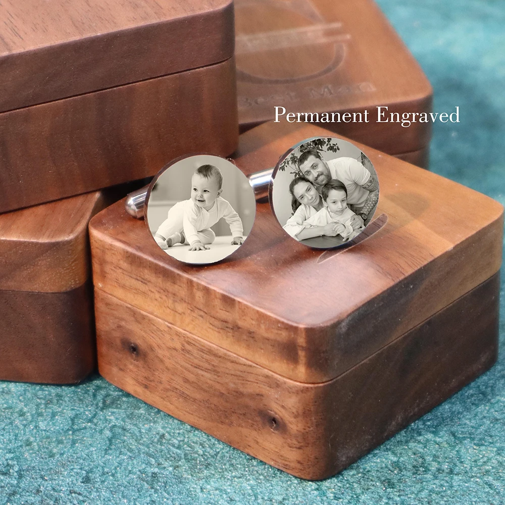 Custom Photo Groomsmen Cufflinks Engraved Picture Stainless Steel Cufflinks for Dad Father's Day Gift Wood Box customized stainless steel material name cufflinks different font name symbol combinations father s day gifts birthday gifts