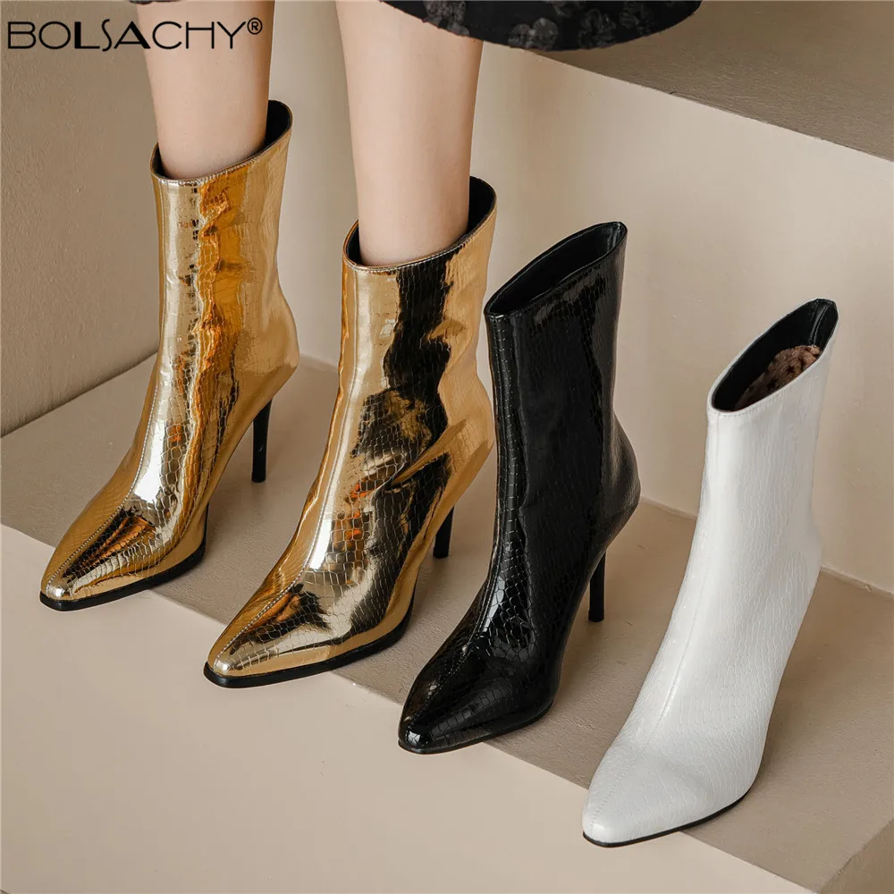 

Shoes Pu Leather Boots Women Ankle Boots Sexy Thin heel High-heel Boots Autumn Winter Short Boots Black Gold White Women Heels