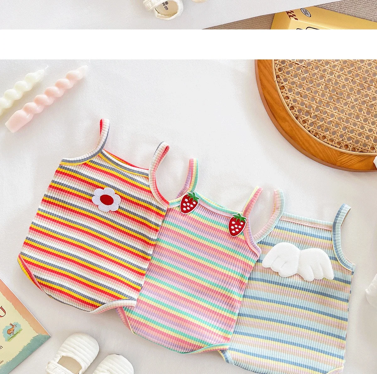 Ircomll 2-teiliges Sommerkleidung für Neugeborene, Mädchen, Schlinge, einteilig, bunte Streifen, Overall, Kleinkind-Tanktop, Träger-Onesies – Detail 10