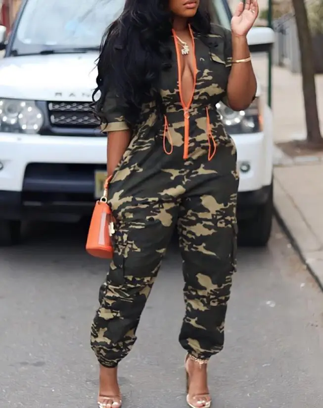 Fashion Jumpsuits for Woman 2023 Summer Camouflage Print Zipper Pocket Design Casual One Pieces Jumpsuit Streetwear Y2K Clothing