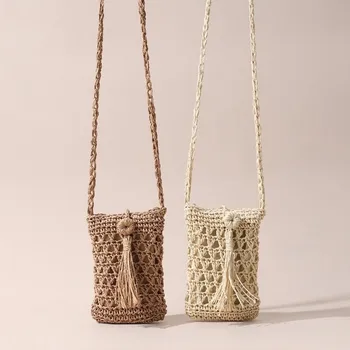Nuova Borsa a Tracolla Stile Boho, Mini Formato, Piccola Borsa Quadrata Intrecciata a Mano, Colore Beige Kaki, Porta Cellulare, per Uso Casual
