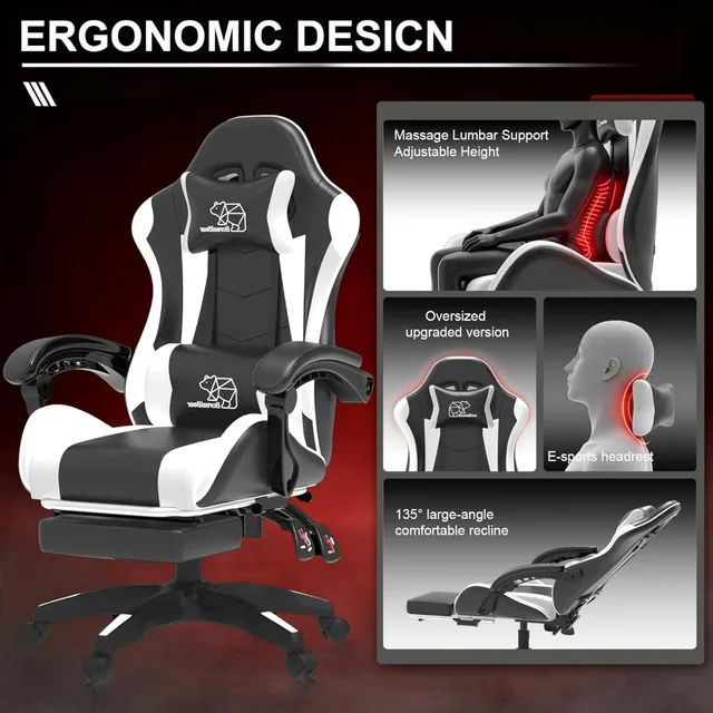 Computer Gaming Chair, Ergonomic Gaming Chair, Leather Office Chairs with Foot Rest, Back Recliner Height Adjustable White+Black