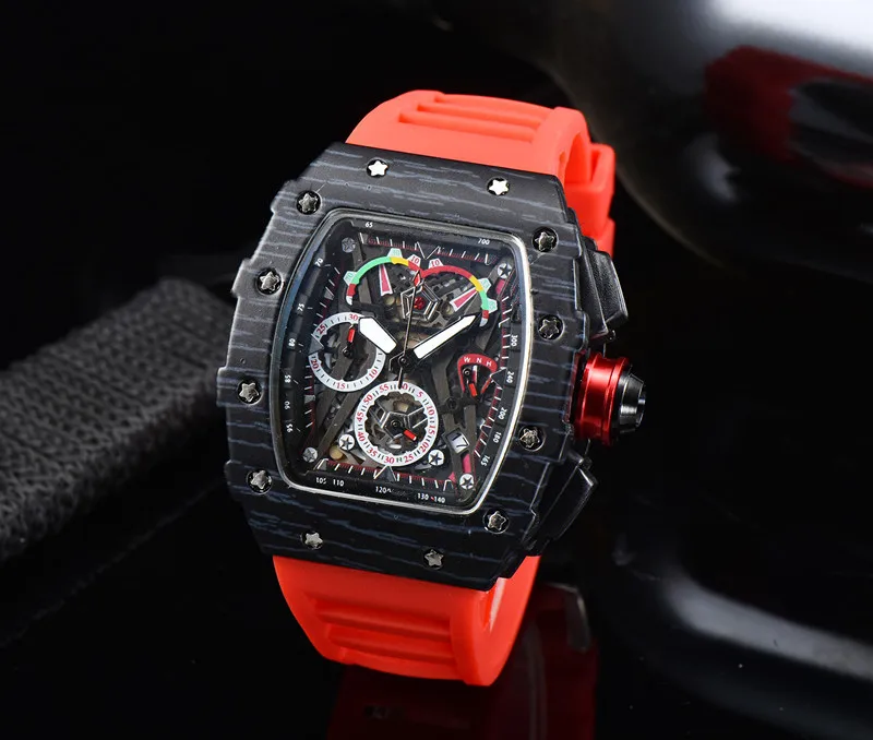 2022 Full-featured 6-pin Men's High Quality Quartz Watch Hollow Glass Back Stainless Steel Case Watch Black Rubber