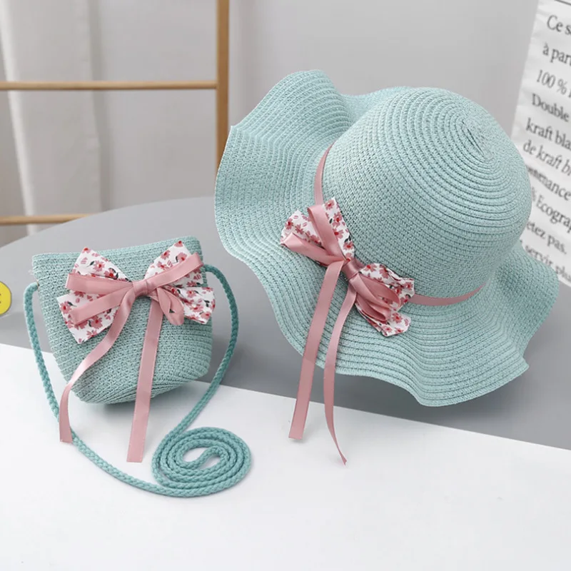 Fashion Style Kids Hat for Girls 2-7Y Straw Children's SunshadeCap Bag Summer Baby Travel Sunscreen Beach HatSun Fisherman Cap