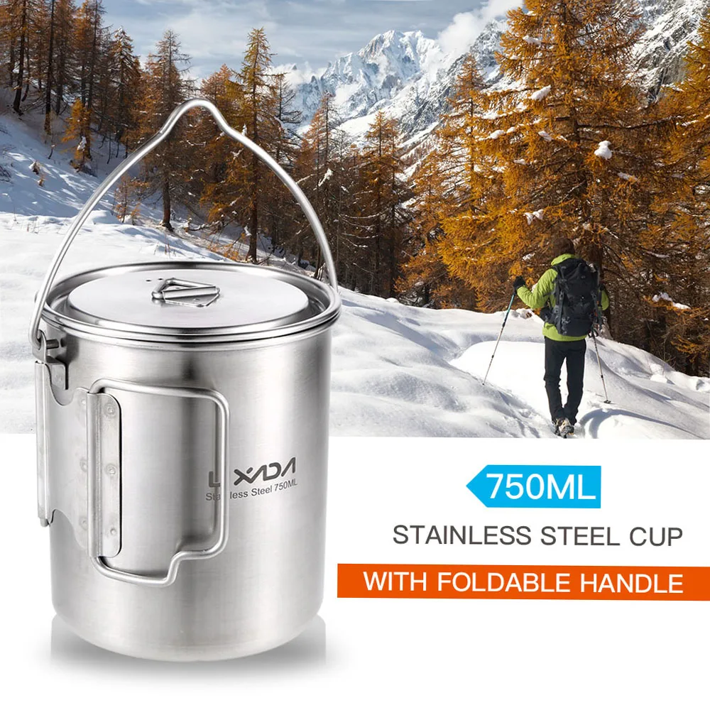 750ml/900ml/1600ml Metal Cup Pot Portable Water Mug Cup with Lid and Foldable Handle aluminum cup titanium cup