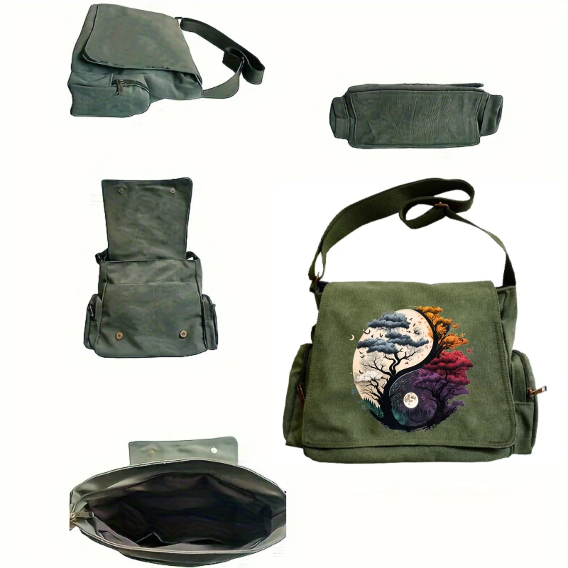 Vintage Women's Shoulder Bag Crossbody Bag Canvas Messenger Bag Yin Yang Print Large Capacity Laptop Bag