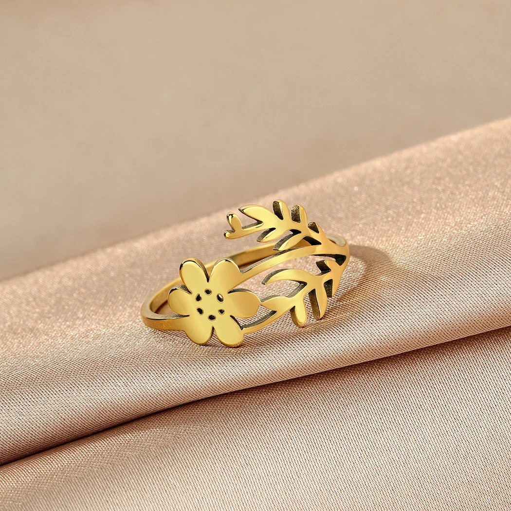 Anillo Geométrico de Flor y Hoja Vintage (Acero Inoxidable Dorado) S34736642afa64964acaa592271d157dd6