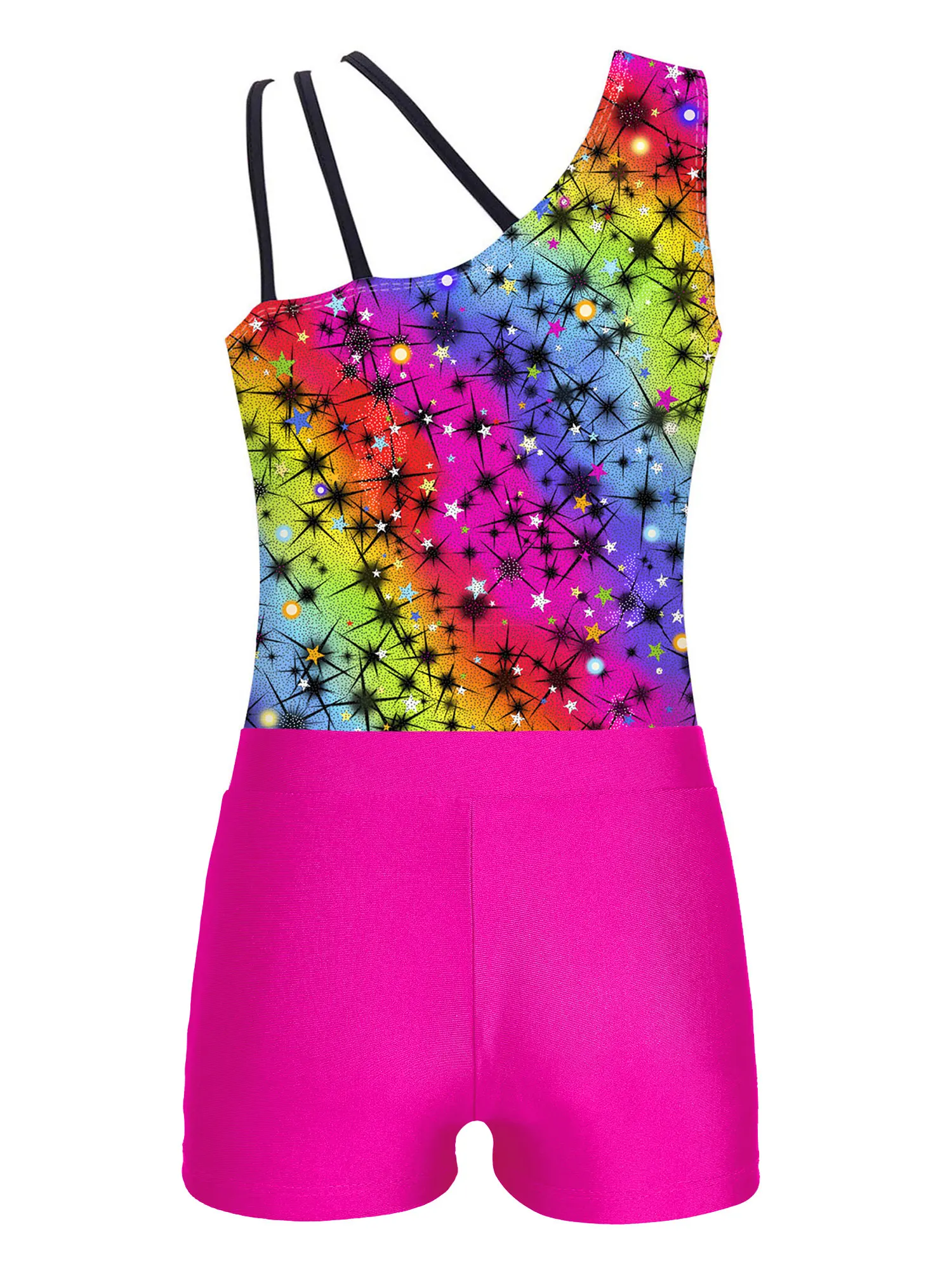 Kid Girls Stylish Asymmetric Shoulder Straps Printed Leotard with V-front Waistband Shorts for Gymnastic Dance Performance