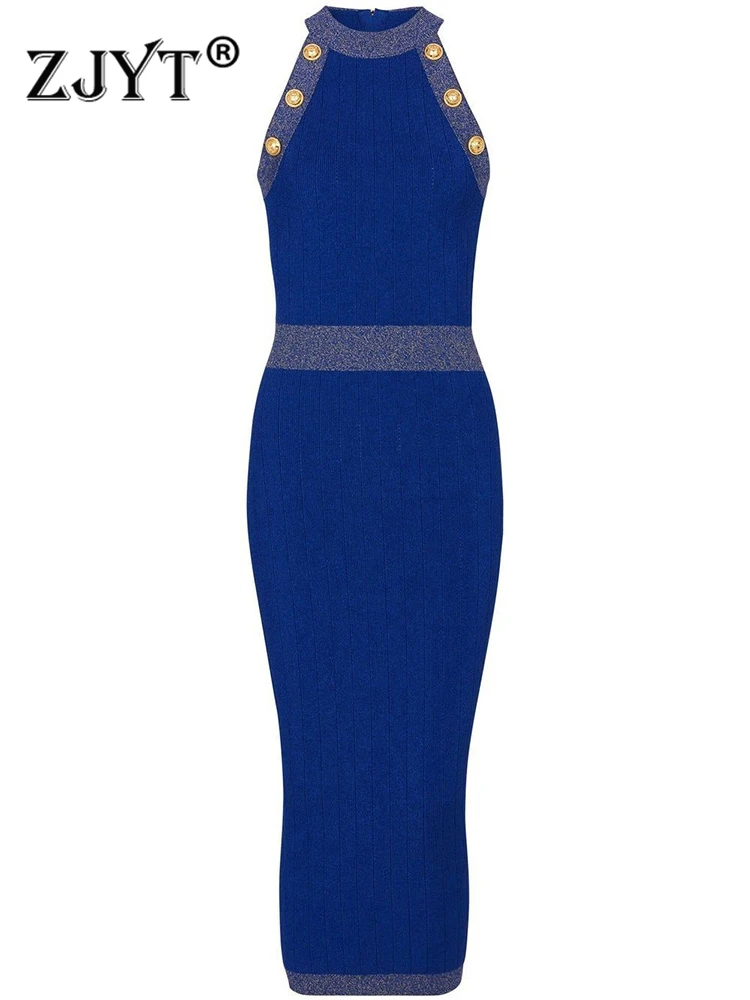 

ZJYT Summer Fashion Sleeveless Knitting Sweater Dresses for Women 2023 Vintage Sheath Bodycon Vestidos Knitwear Buttons Party
