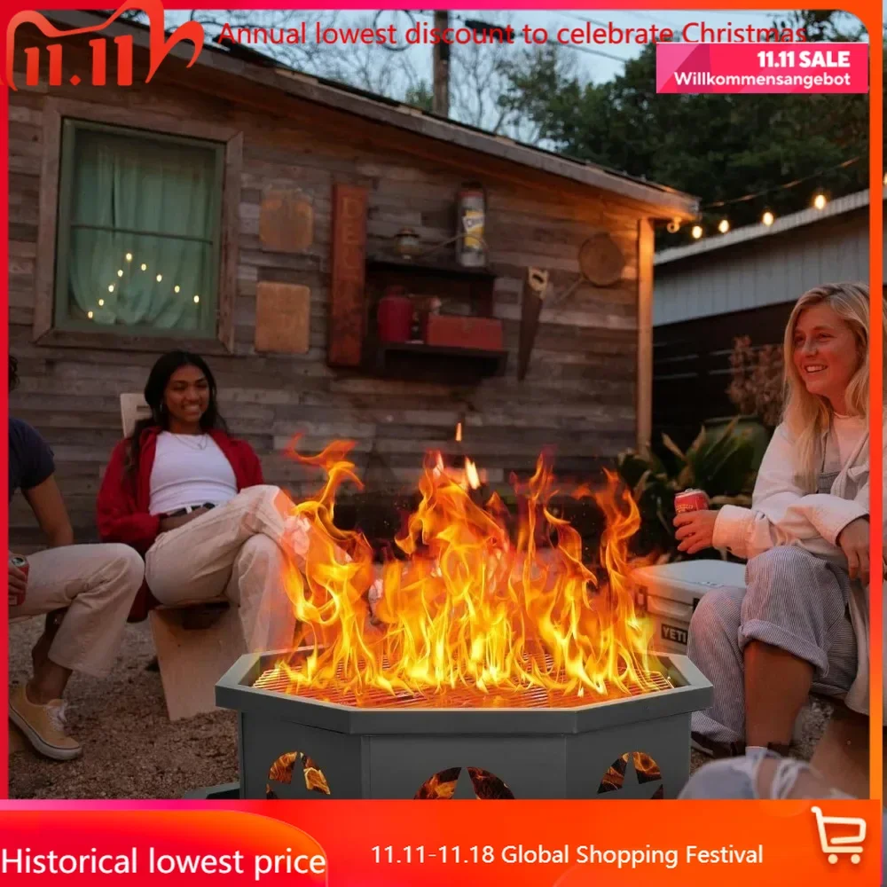 35 Inch 2 in 1 Fire Pit with Grill, Large Wood Burning Fire Pit with Cooking Grate, Octagonal Outdoor Firepit