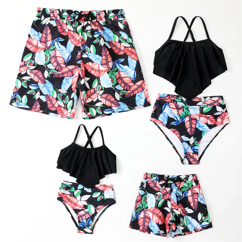 

2023 Leaf Family Matching Swimsuits Ruffled Mother Daughter Swimwear Mommy and Me Clothes Outfits Look Father Son Swim Shorts