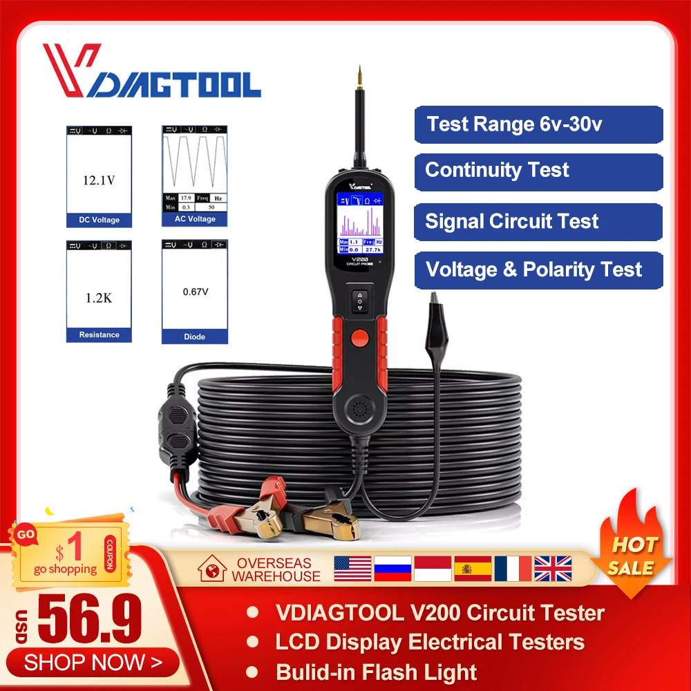 VDIAGTOOLV200CarElectricCircuitTester6V30VAutomotivePower