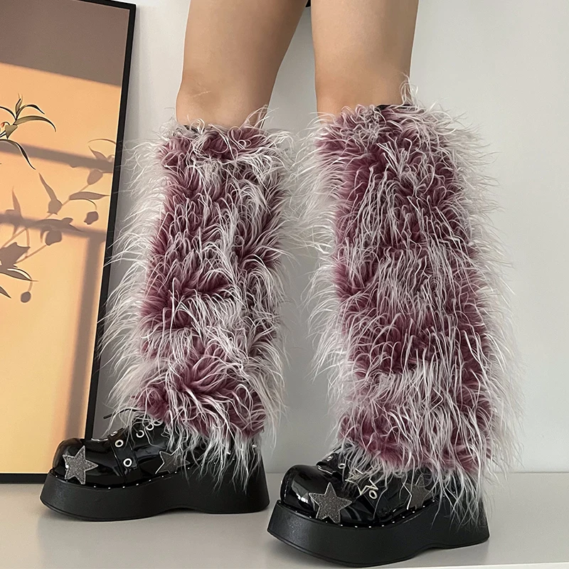 Ins 2000s Sweet Cute Pink Lolita Girls Gradient Faux Fur Leg Warmers Women Costume Leggings Hot Y2k Goth Punk Legcovers