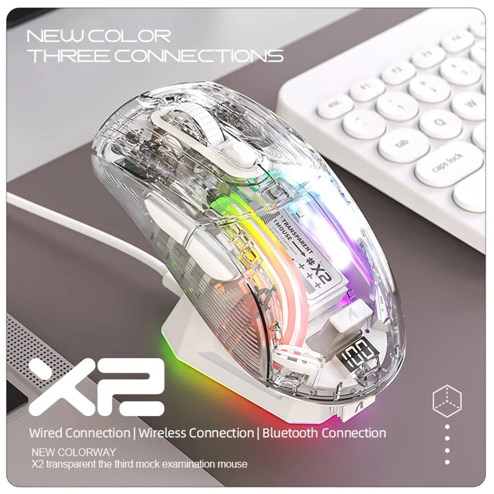 Attack Shark X2 Pro 투명 인체 공학적 디자인 자기 충전식 Bluetooth 마우스 배터리 레벨 표시기 게임용 마우스