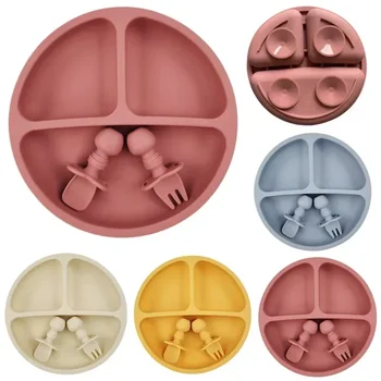 3Pcs Silicone Baby Feeding Set BPA Free Suction Bowl Divided Plate with Spoon Fork Children Dishes Toddler Feeding Tableware