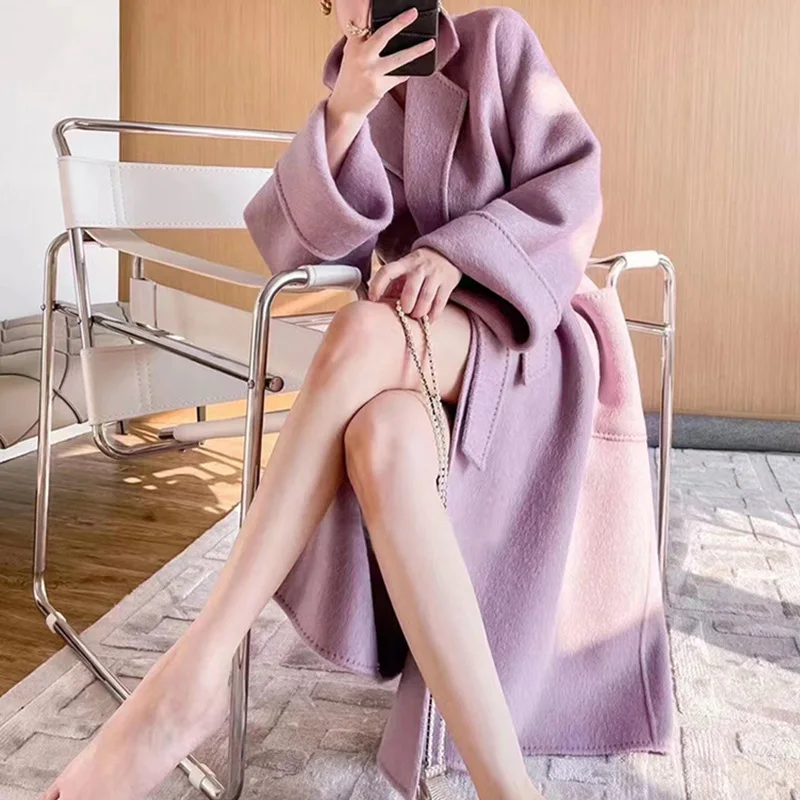 

Reverse Season Double sided Cashmere Coat Women's Mid length Bathrobe 2023 New Mulberry Silk Rabbit Fleece Wool Coat