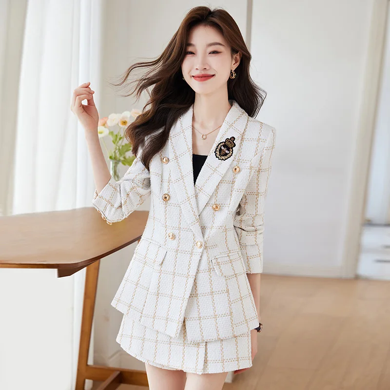 

Fashion Woman 2023 Autumn Winter Small Fragrance Plaid Two-piece Set Tweed Double Breasted Blazer High Waist Shorts Skirts Suits
