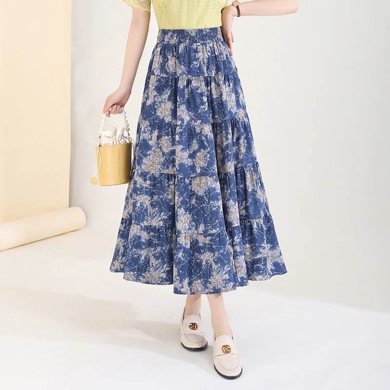 

2023 Floral A Line Summer Women High Elastic Waist Long Tencel Skirt Women's Summer A-line Long Boho Skirt