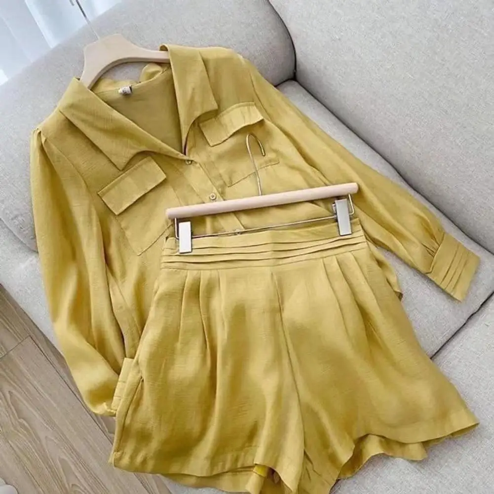 Women Shirt Shorts Set Elegant Women's Shirt Shorts Set with Single-breasted Design Elastic Waist Lapel Patch Pockets for Ladies jacket stylish women s business s chic lapel design with flap pockets for spring autumn office attire ladies suit coat